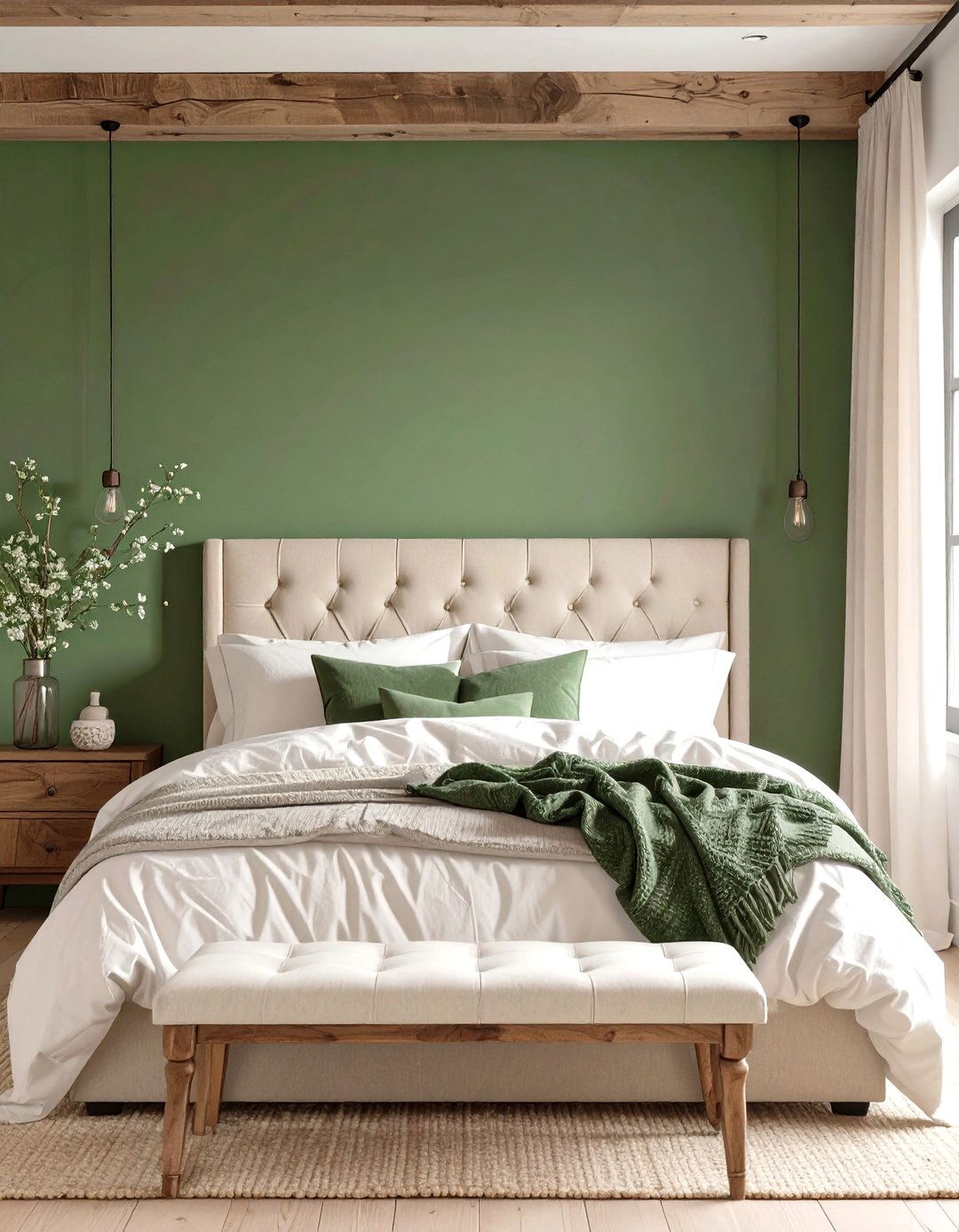 Sage Green Accent Wall Behind a Fabric Headboard - 30 rustic sage green bedroom ideas