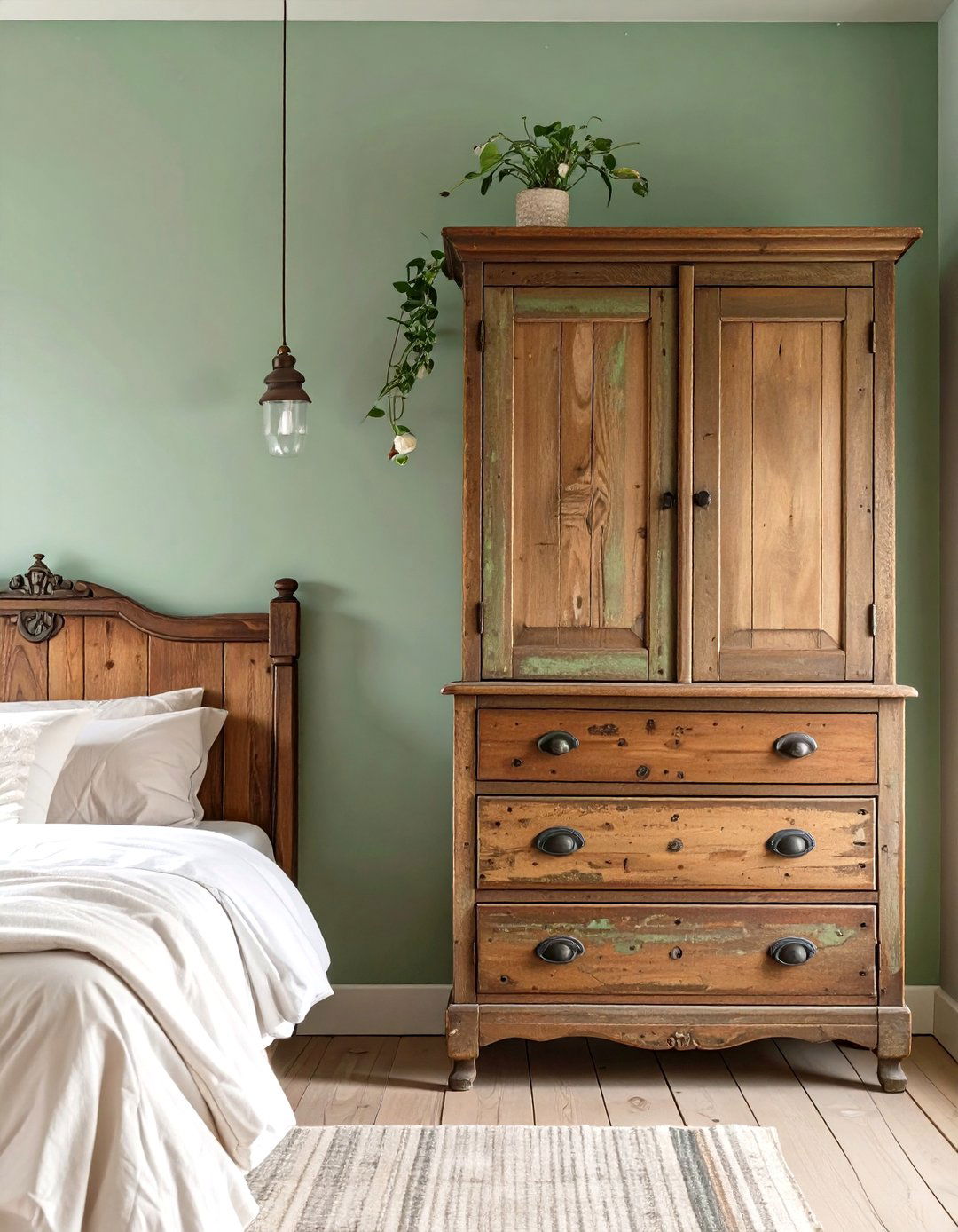 Sage Green Bedroom with Antique Wooden Furniture - 30 rustic sage green bedroom ideas