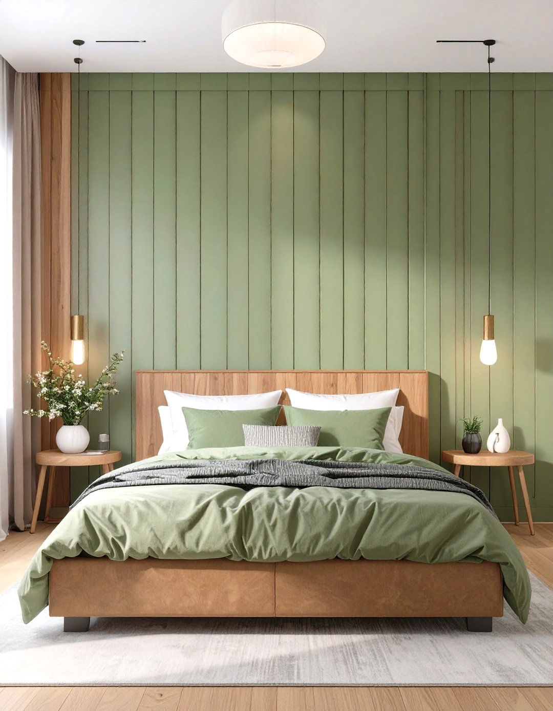Sage Green Feature Wall with Wood Paneling - 30 sage green bedroom ideas