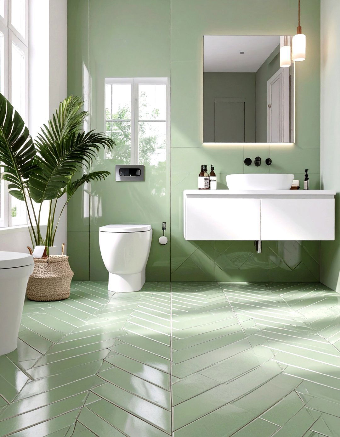 Sage Green Herringbone Floor Tiles - 30 sage green bathroom ideas