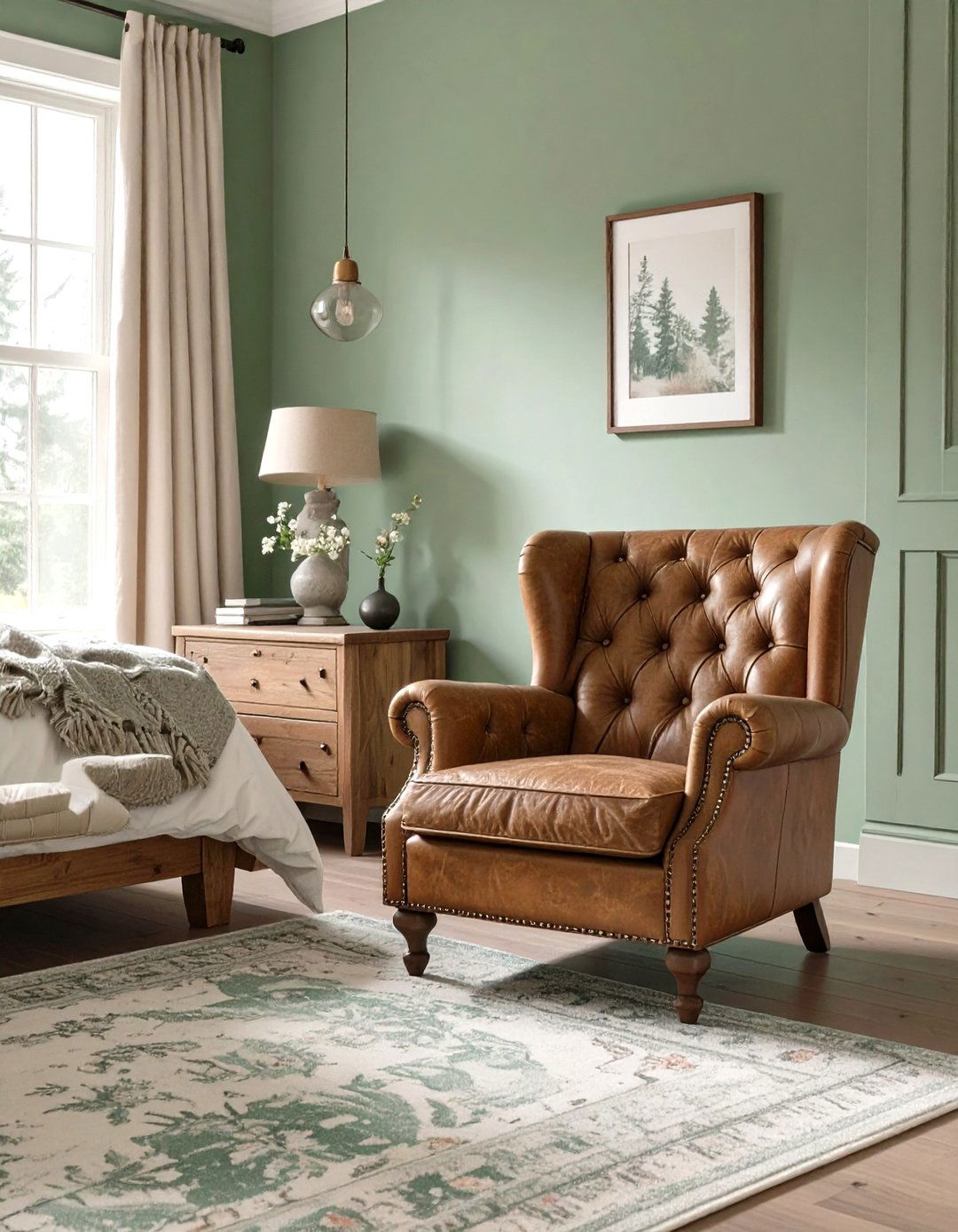 Sage Green Paired with Leather Accents - 30 rustic sage green bedroom ideas