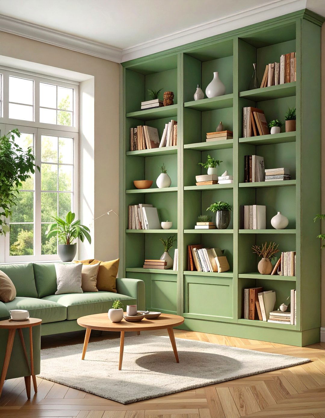 Sage Green Shelving and Built ins - 30 sage green living room ideas