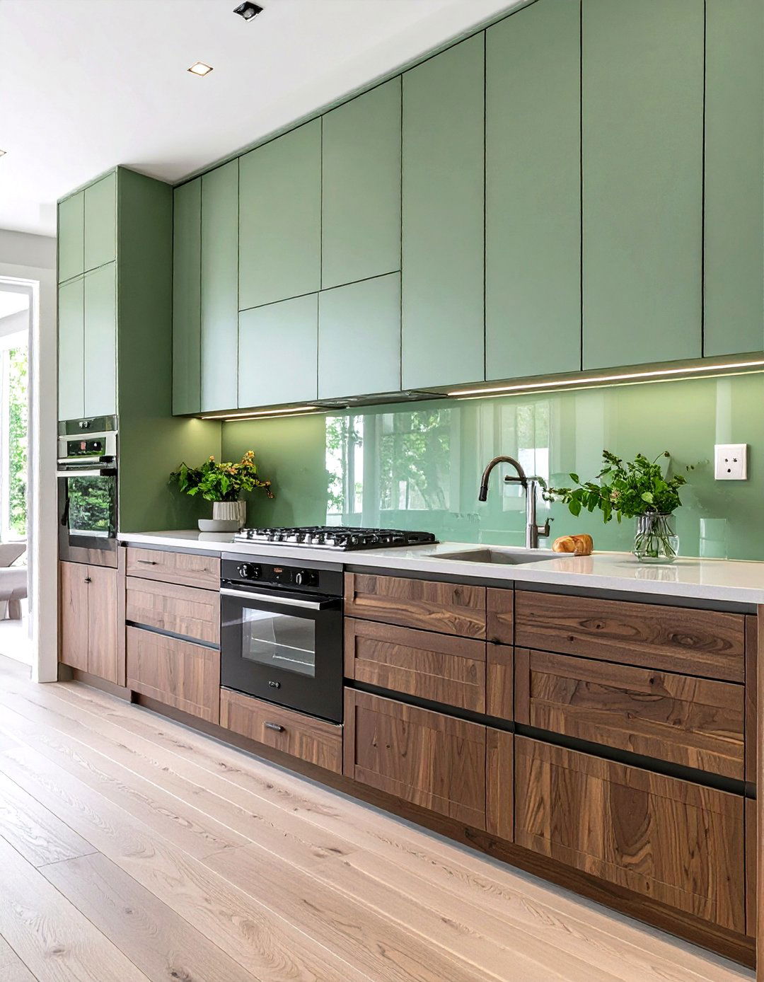 Sage Green Uppers with Dark Walnut Lowers - 30 two tone kitchen cabinet ideas