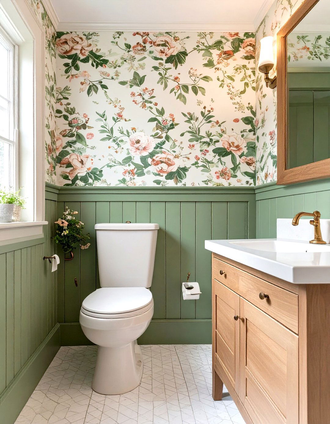 Sage Green Wainscoting with Floral Wallpaper - 30 sage green bathroom ideas