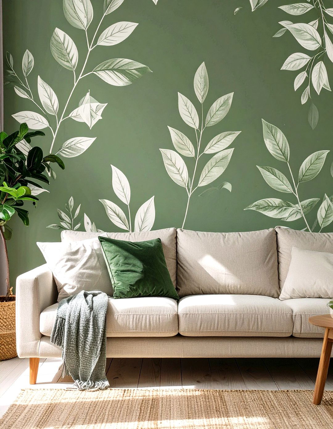 Sage Green Wallpaper with Botanical Prints - 30 sage green living room ideas
