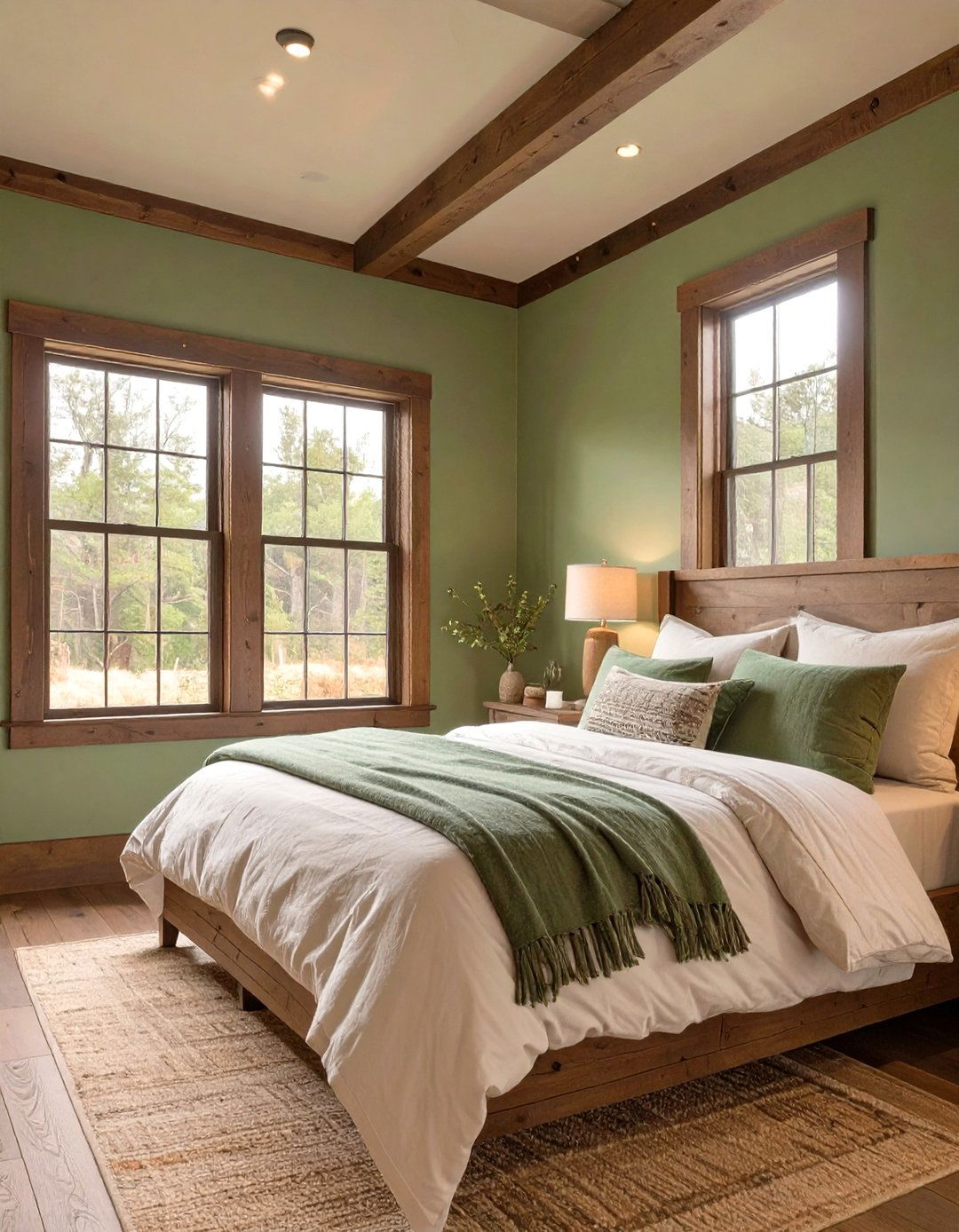 Sage Green Walls with Dark Wood Trim - 30 rustic sage green bedroom ideas