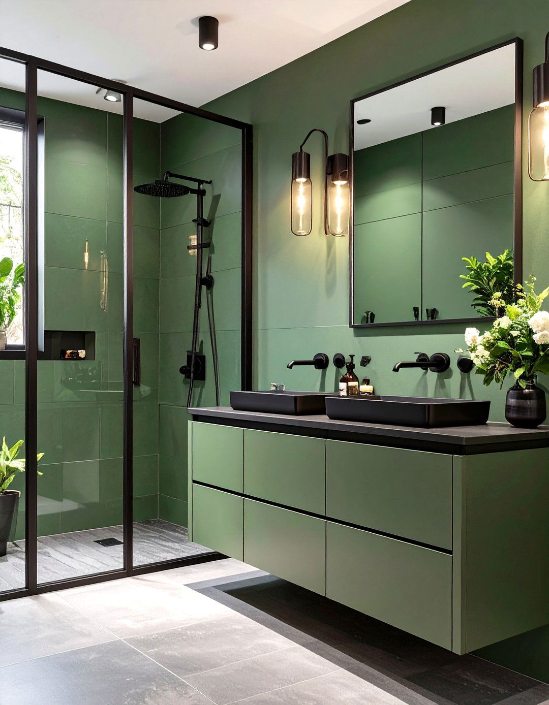 Sage Green and Black Matte Hardware - 30 sage green bathroom ideas