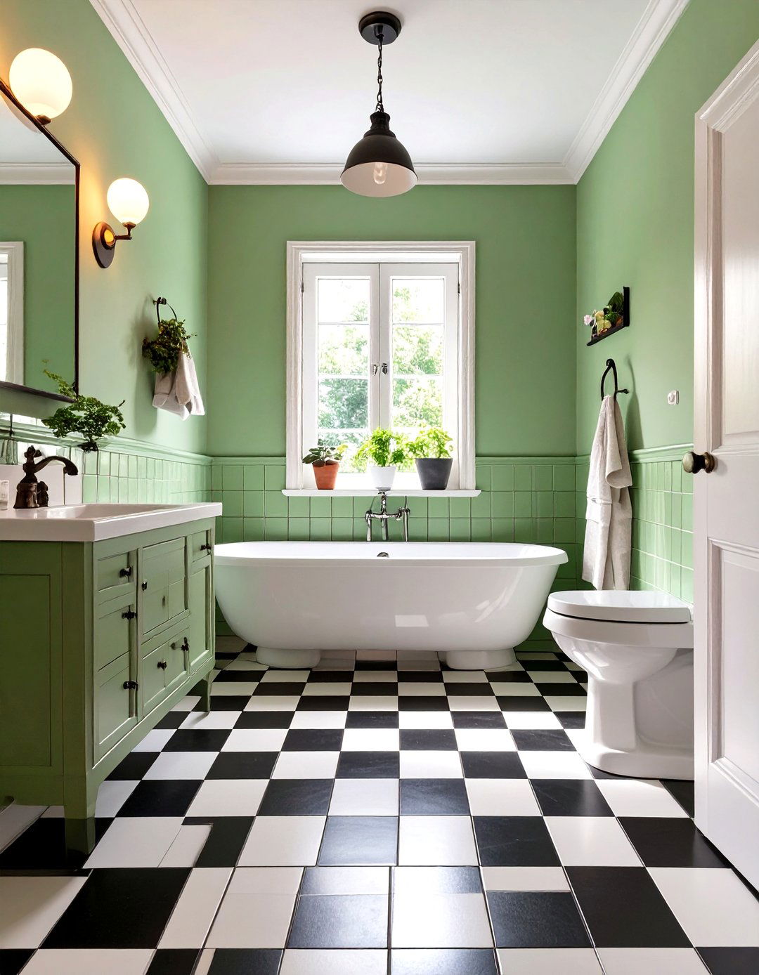 Sage Green and Checkered Flooring - 30 sage green bathroom ideas