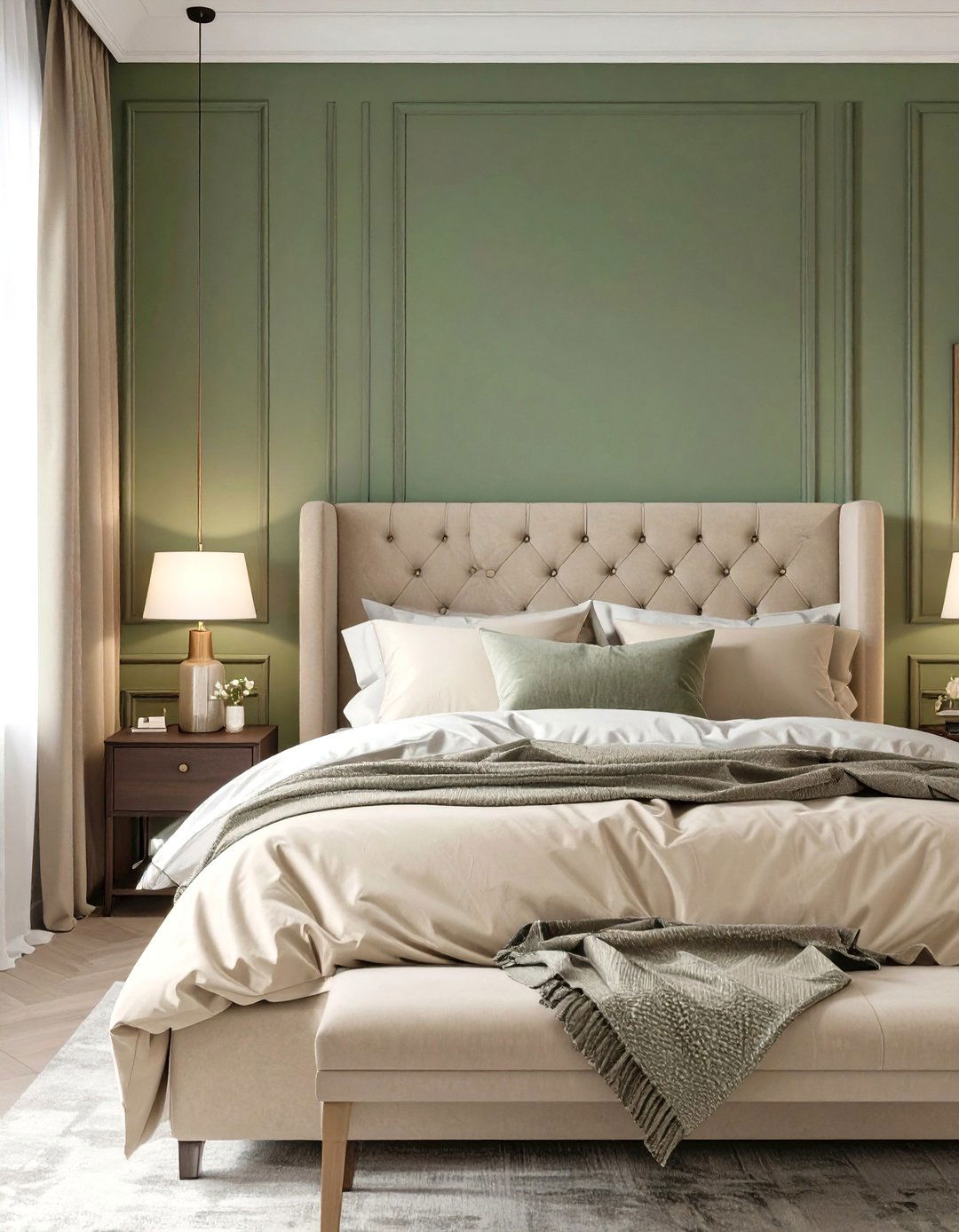 Sage Green and Creamy Beige Bedroom - 30 modern sage green bedroom ideas