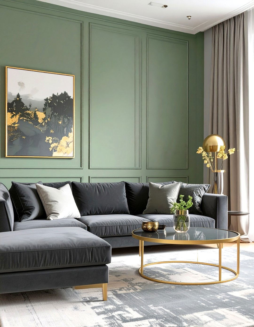 Sage Green and Dark Charcoal Contrast - 30 sage green living room ideas