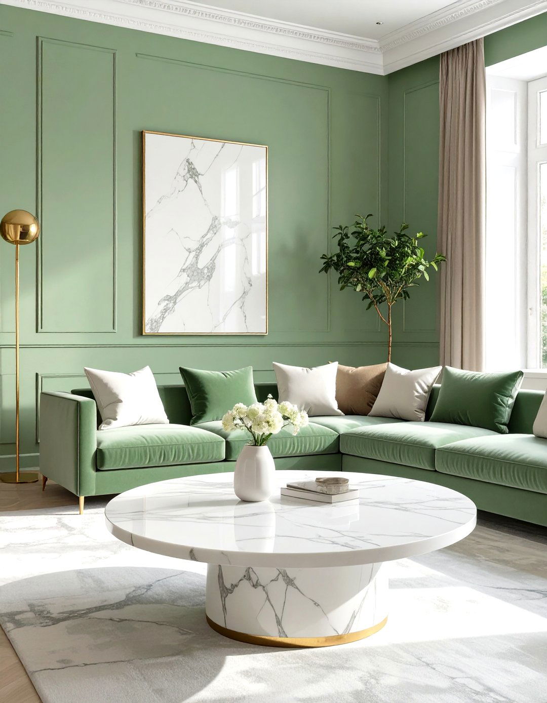 Sage Green and Marble Accents - 30 sage green living room ideas