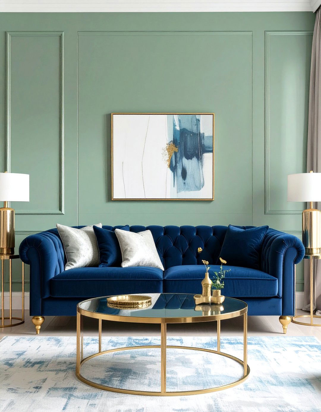 Sage Green and Navy Blue for a Bold Look - 30 sage green living room ideas