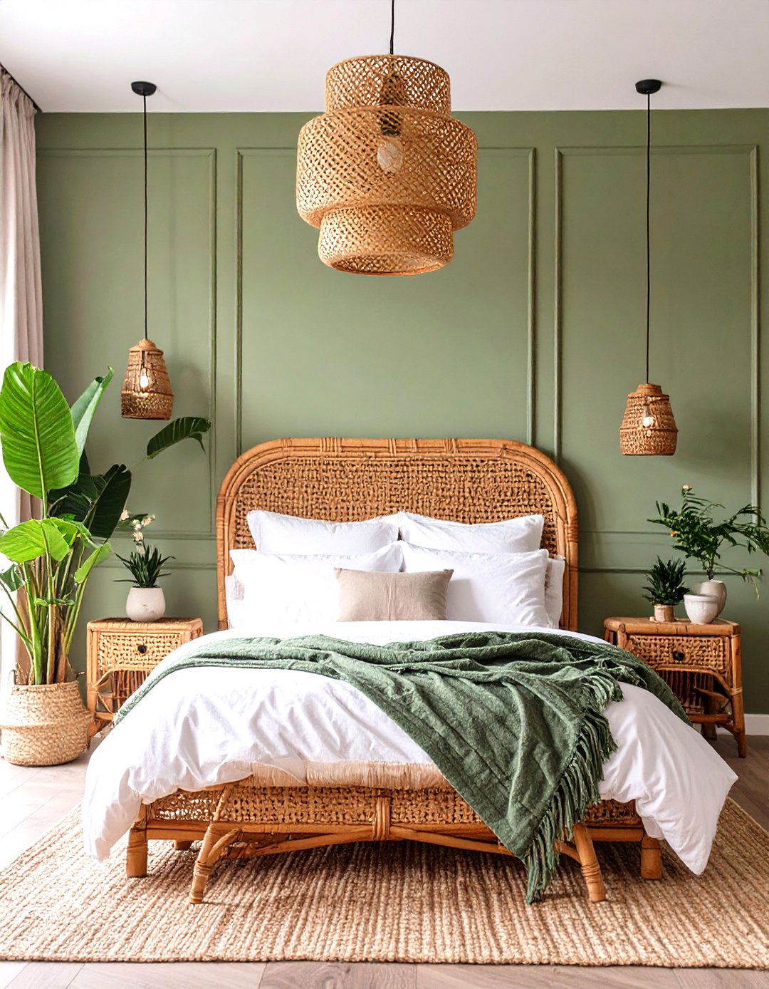 Sage Green and Rattan Bedroom Decor - 30 modern sage green bedroom ideas