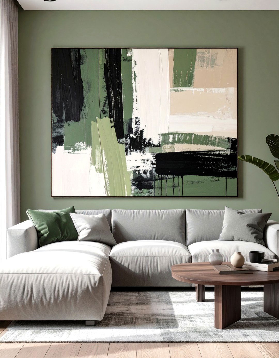 Sage Green with Abstract Wall Art - 30 sage green living room ideas