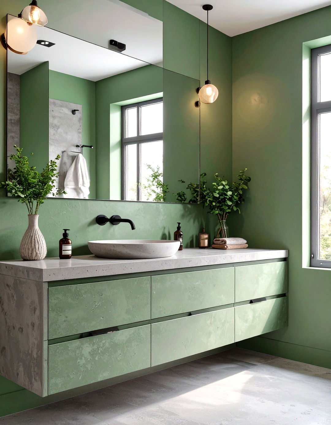 Sage Green with Concrete Elements - 30 sage green bathroom ideas