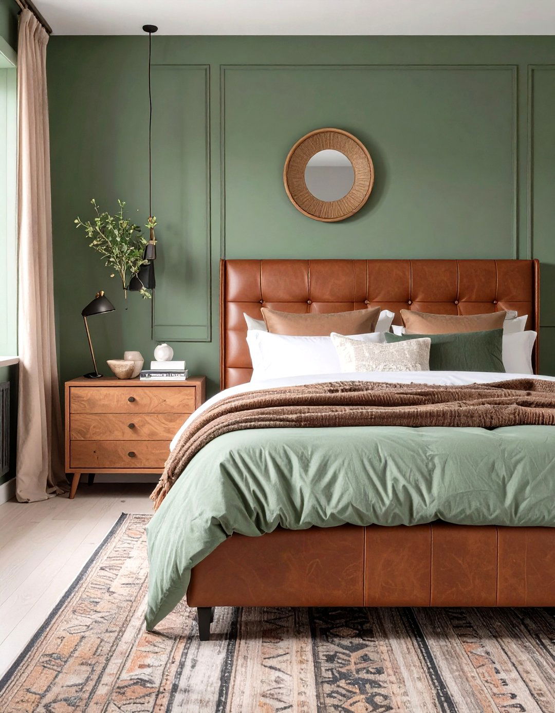 Sage Green with Leather Accents Bedroom - 30 modern sage green bedroom ideas