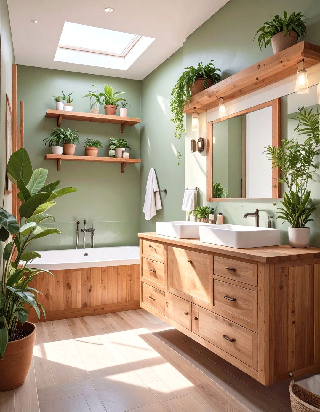 Sage Green with Natural Wood Accents - 30 sage green bathroom ideas