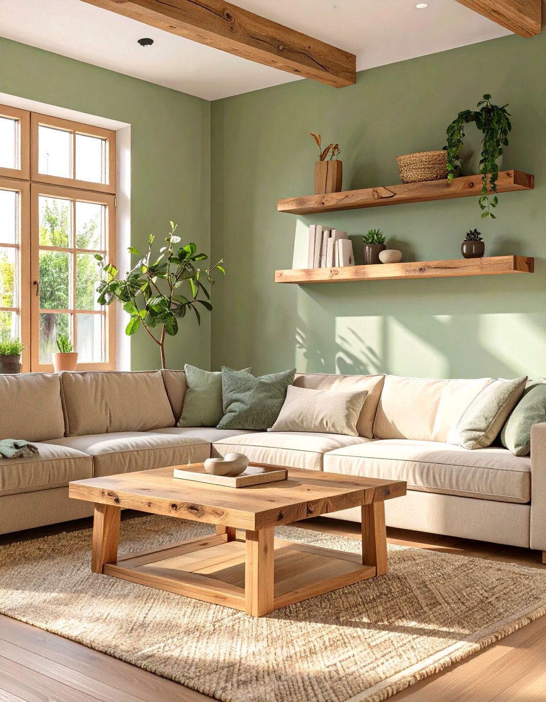 Sage Green with Natural Wood Tones - 30 sage green living room ideas