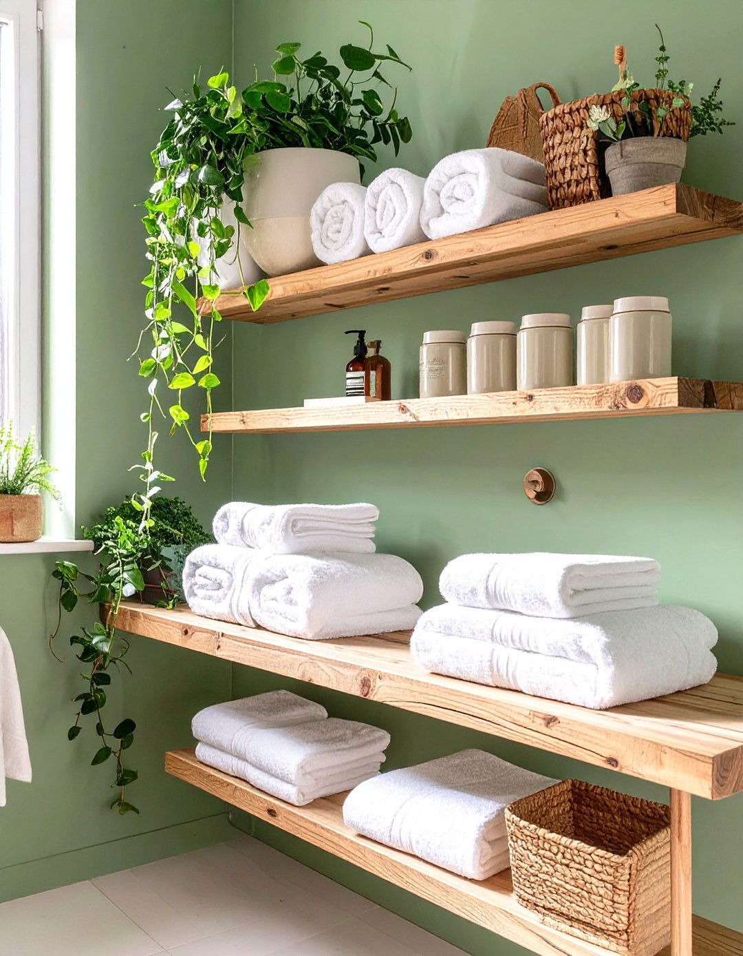 Sage Green with Open Shelving - 30 sage green bathroom ideas