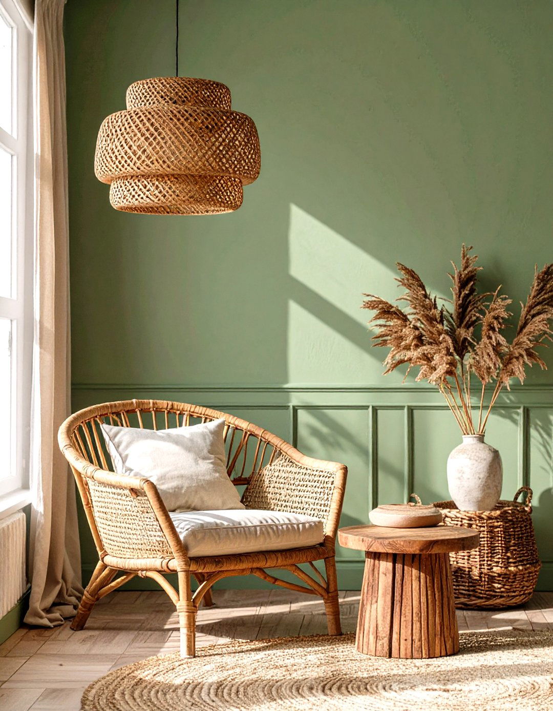 Sage Green with Rattan and Wicker - 30 sage green living room ideas