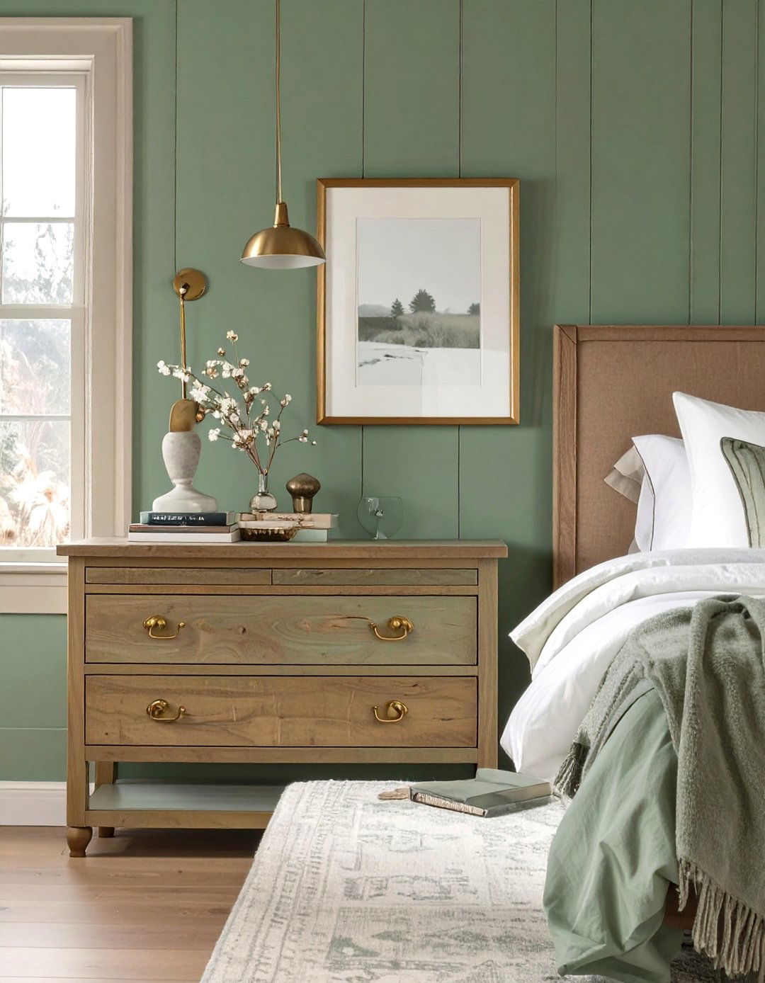 Sage Green with Warm Metallic Finishes - 30 rustic sage green bedroom ideas