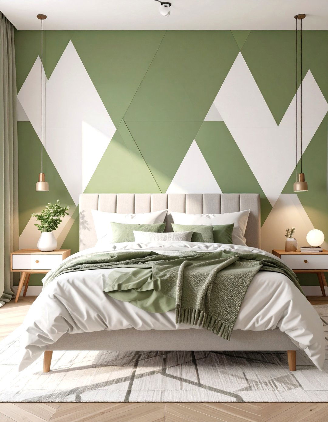 Sage Green with a Geometric Wall Design - 30 sage green bedroom ideas