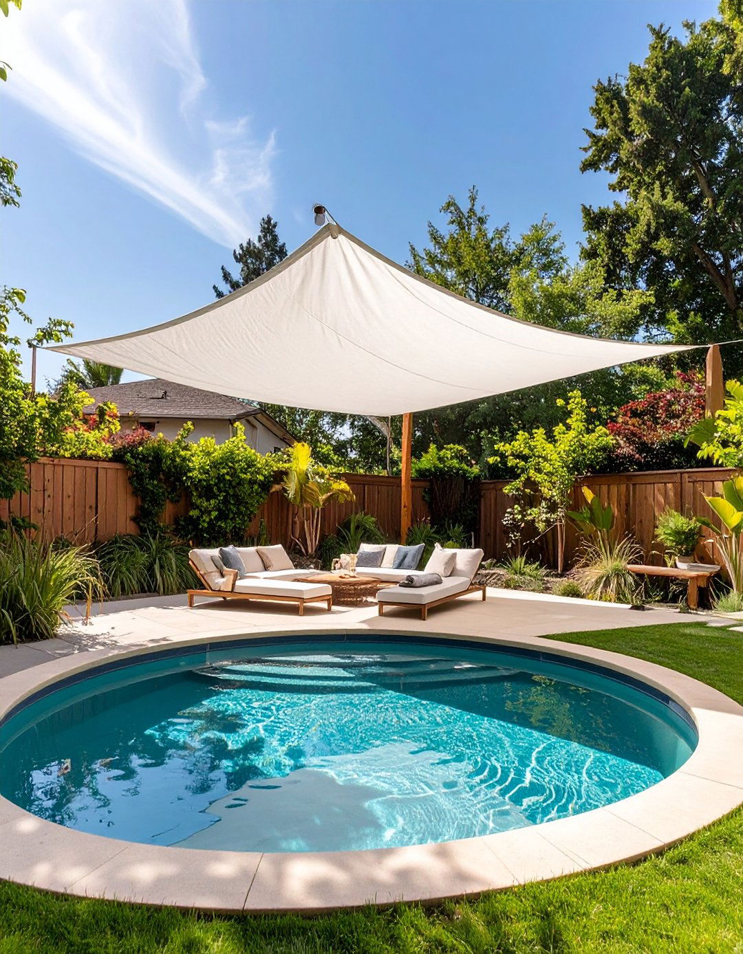 Sail Shade Over a Stock Tank Pool - 30 budget diy backyard shade ideas