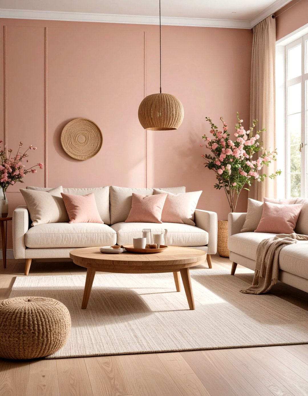 Salmon Pink and Natural Wood Tones - 30 pink living room ideas