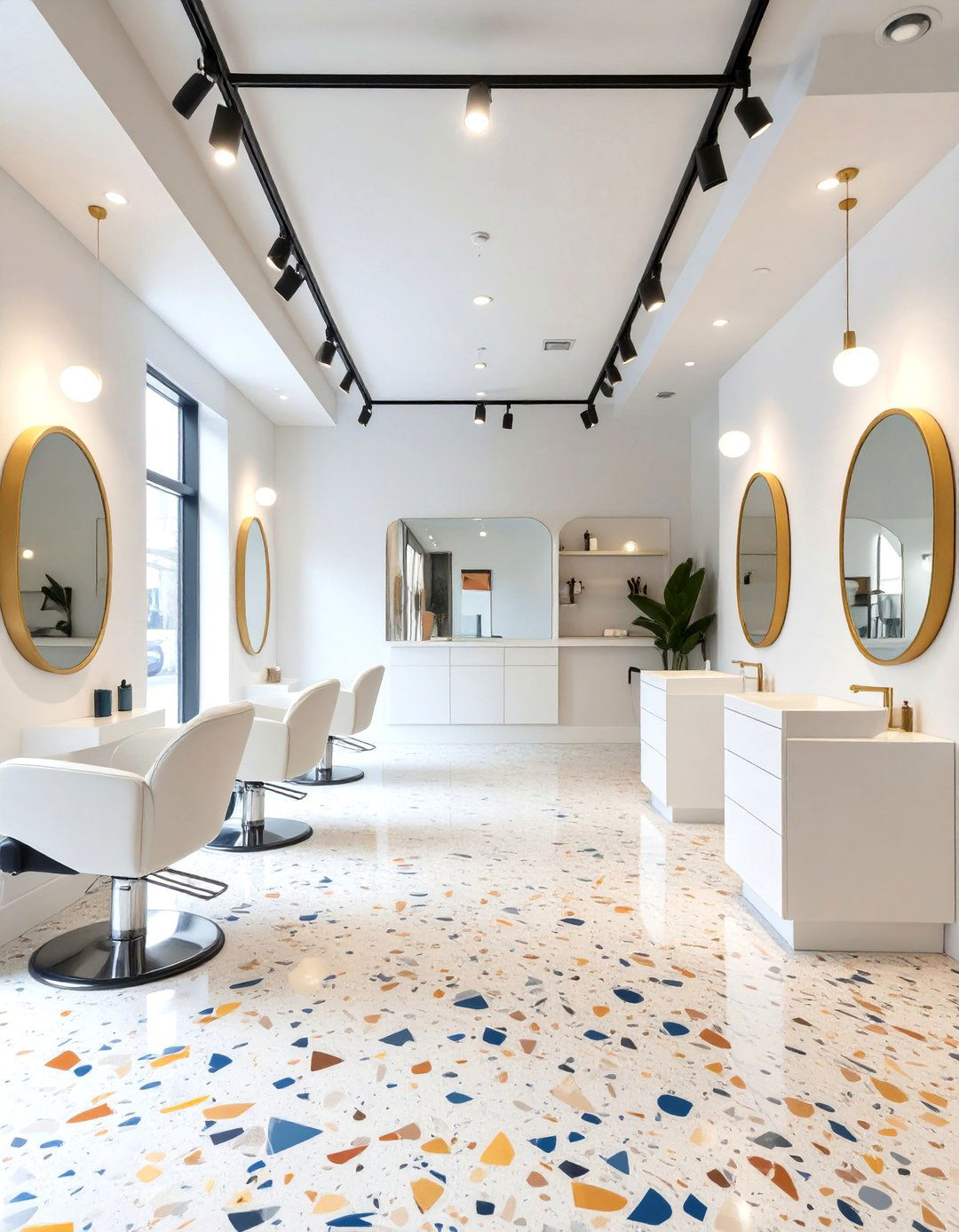 Salon with Terrazzo Flooring and Surfaces - 30 salon interior design ideas