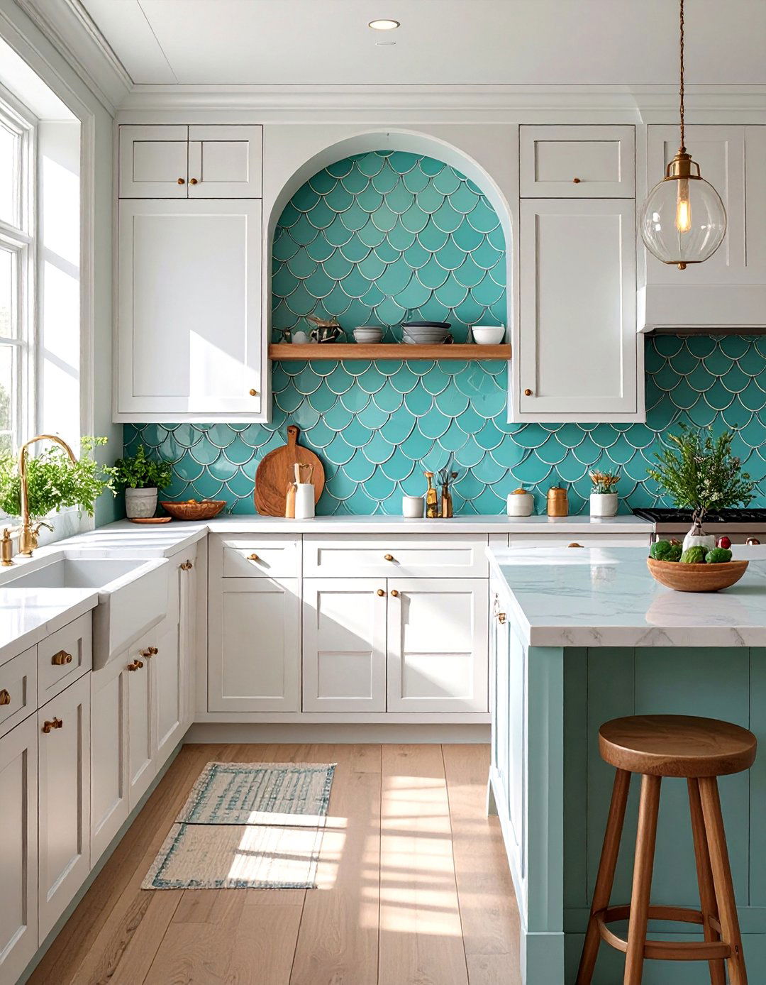 Scalloped Fish Scale Tile Backsplash - 30 backsplash ideas for white cabinets and quartz countertops