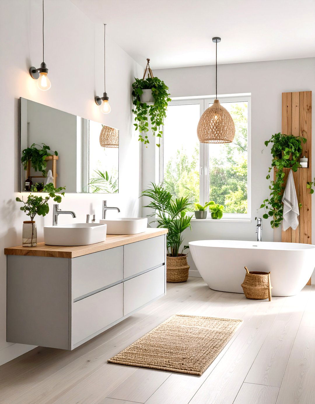 Scandinavian Bathroom with a Light Wood Vanity - 30 light grey vanity bathroom ideas