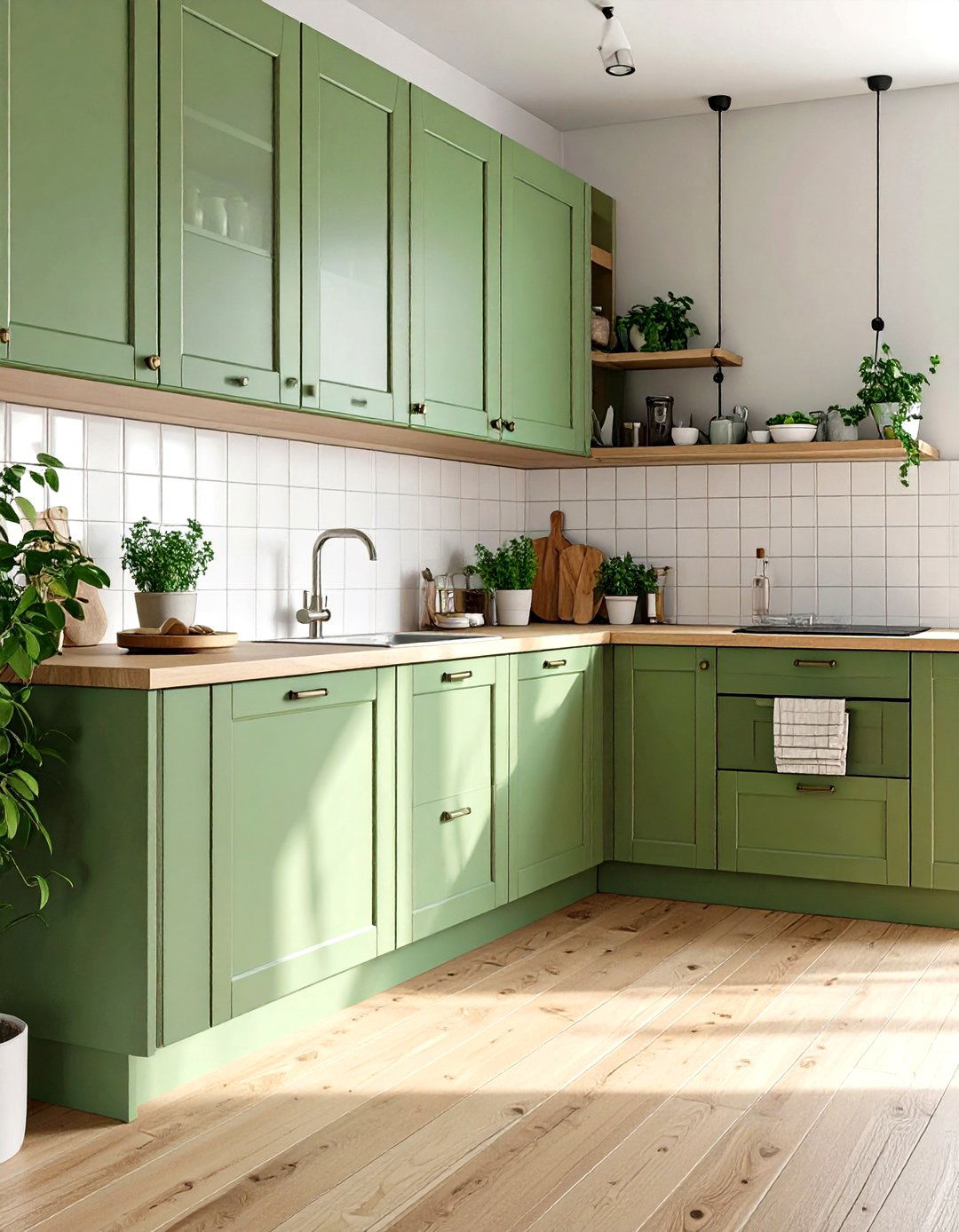 Scandinavian Inspired Kitchen with Pale Green Cabinets - 30 green kitchen cabinets ideas