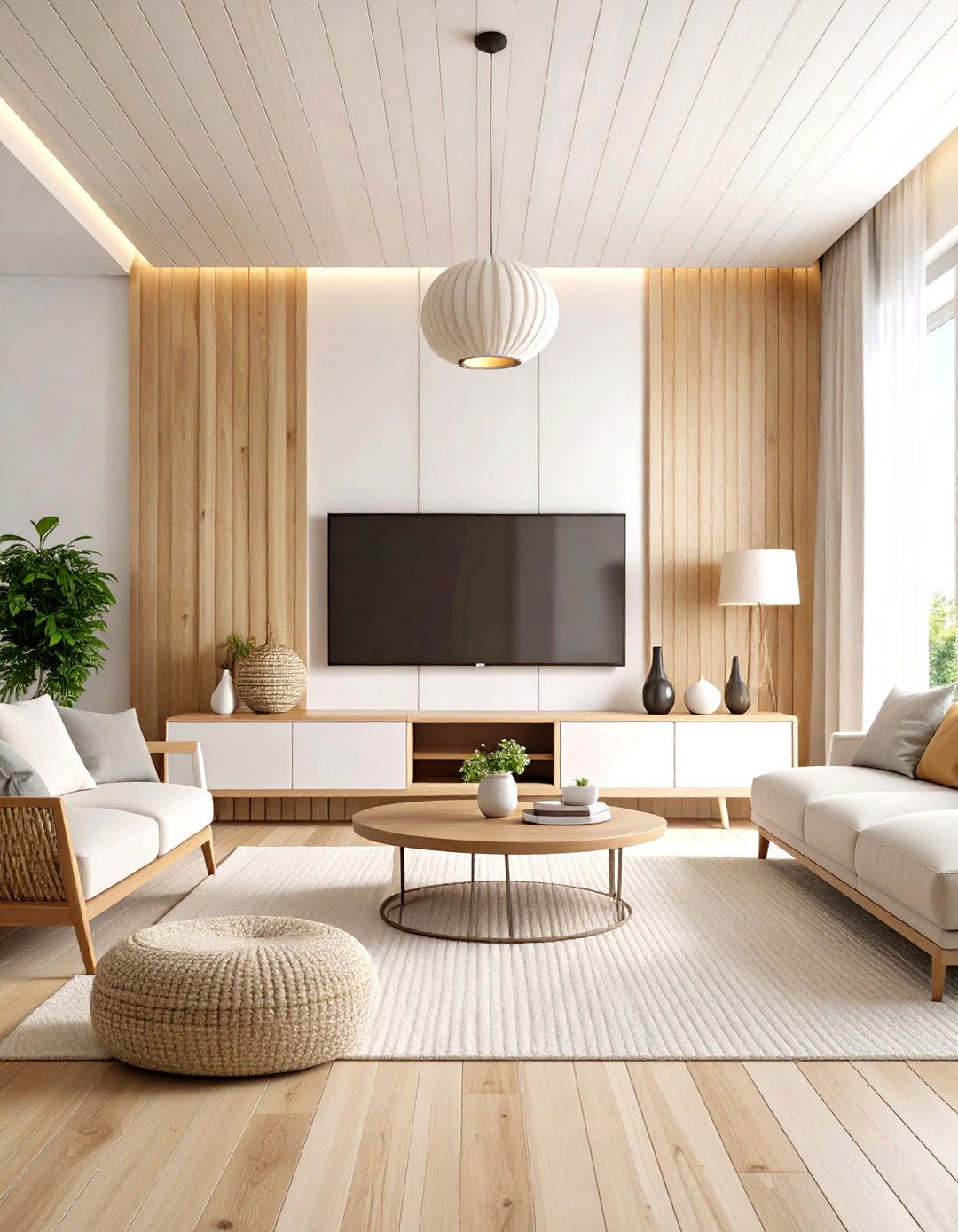 Scandinavian Inspired Light Wood Paneling - 30 living room tv wall ideas
