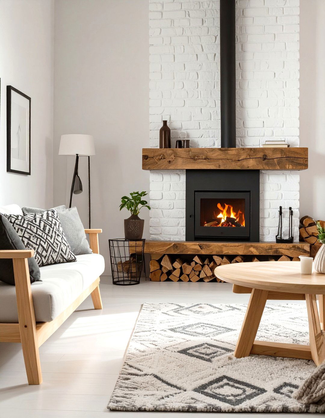 Scandinavian Inspired White Brick Wall - 30 modern fireplace accent wall ideas