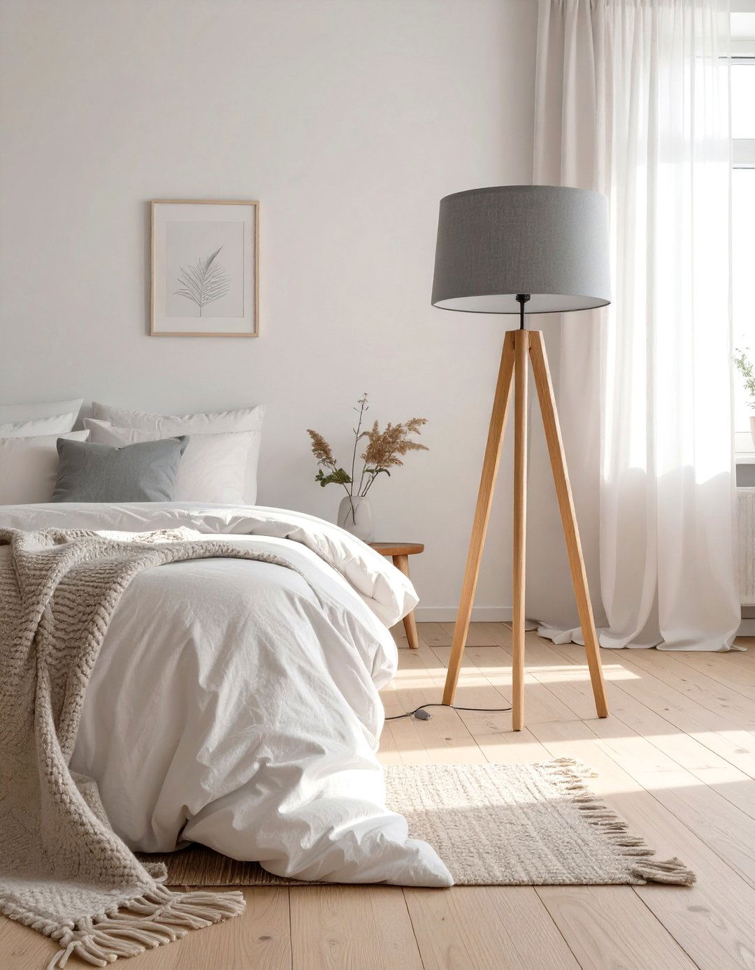 Scandinavian Inspired Wood Floor Lamp in a Light Bedroom - 30 floor lamps for bedroom ideas
