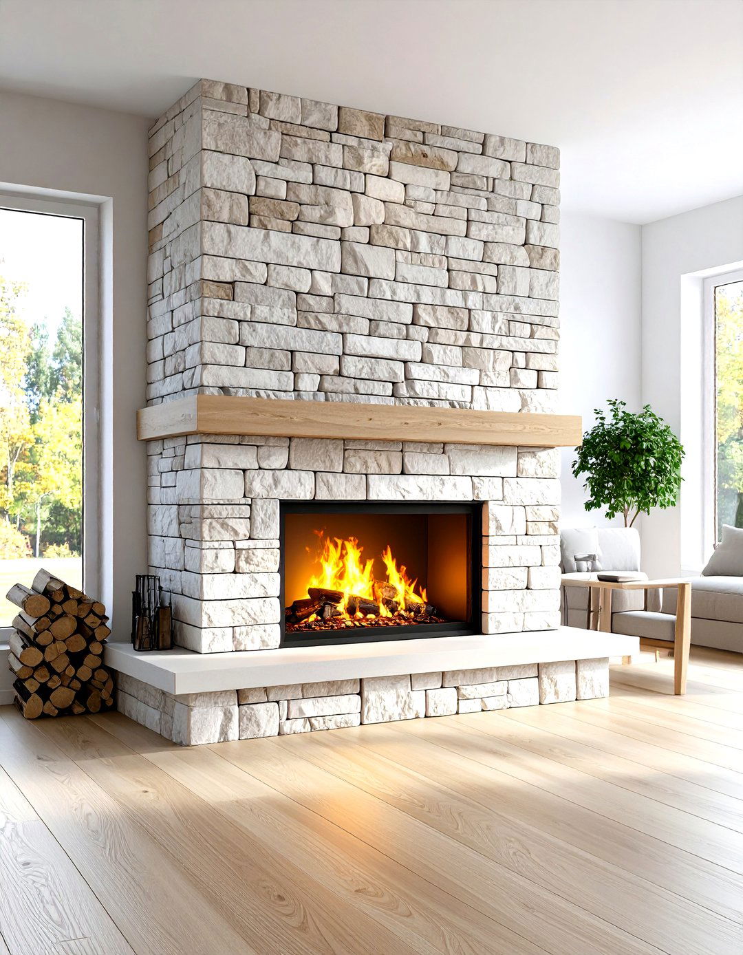 Scandinavian Light Stacked Stone Fireplace - 30 living room stone fireplace ideas