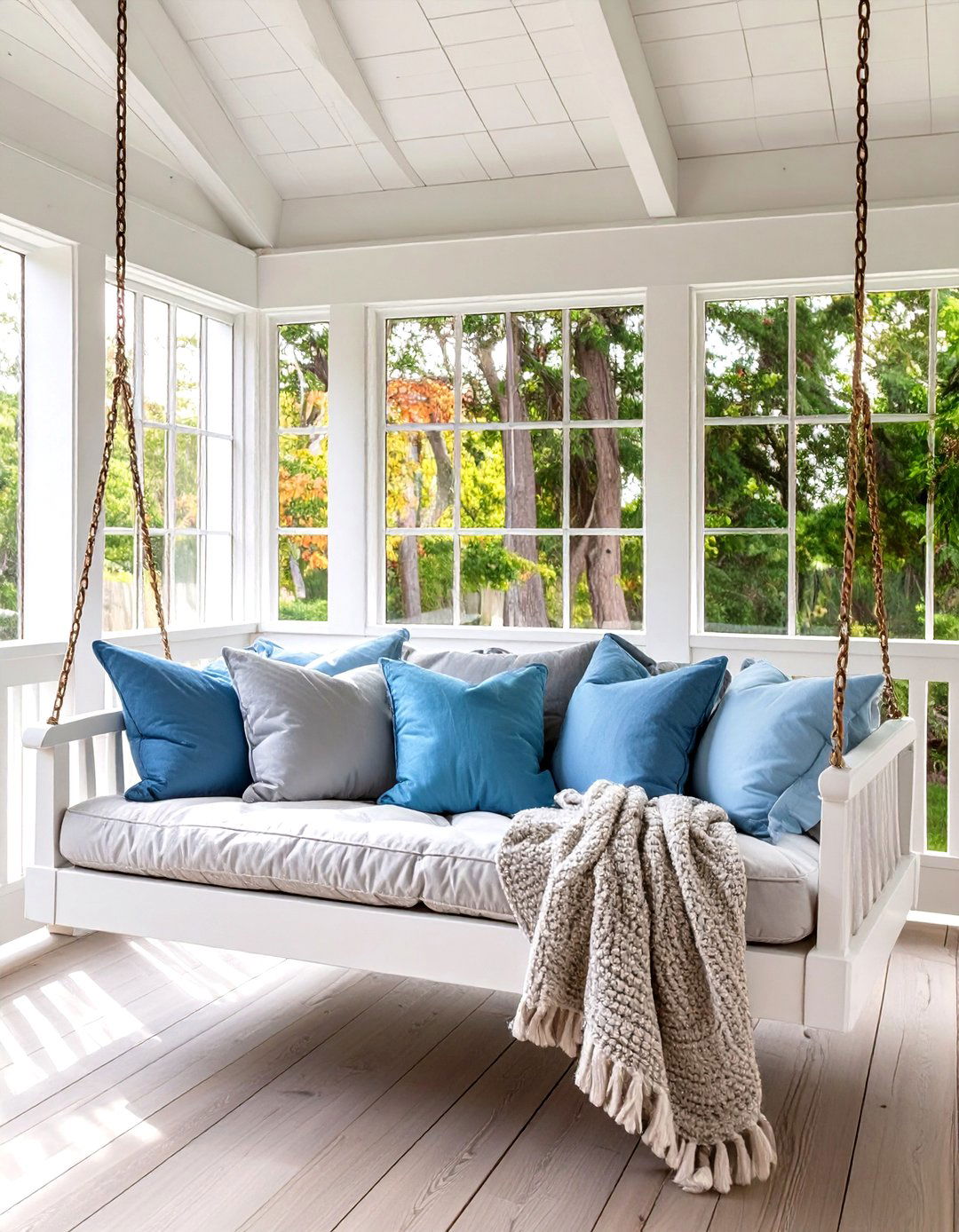 Screened In Back Porch Featuring a Swing Bed - 30 screened in back porch ideas