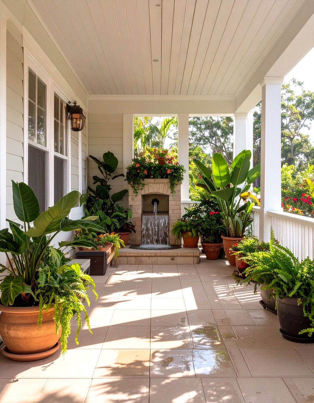 Screened In Front Porch with a Calming Water Feature - 30 screened in front porch ideas