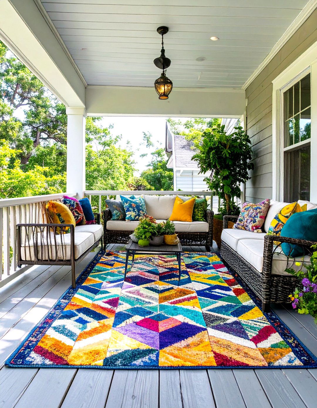 Screened In Front Porch with a Colorful Outdoor Rug - 30 screened in front porch ideas