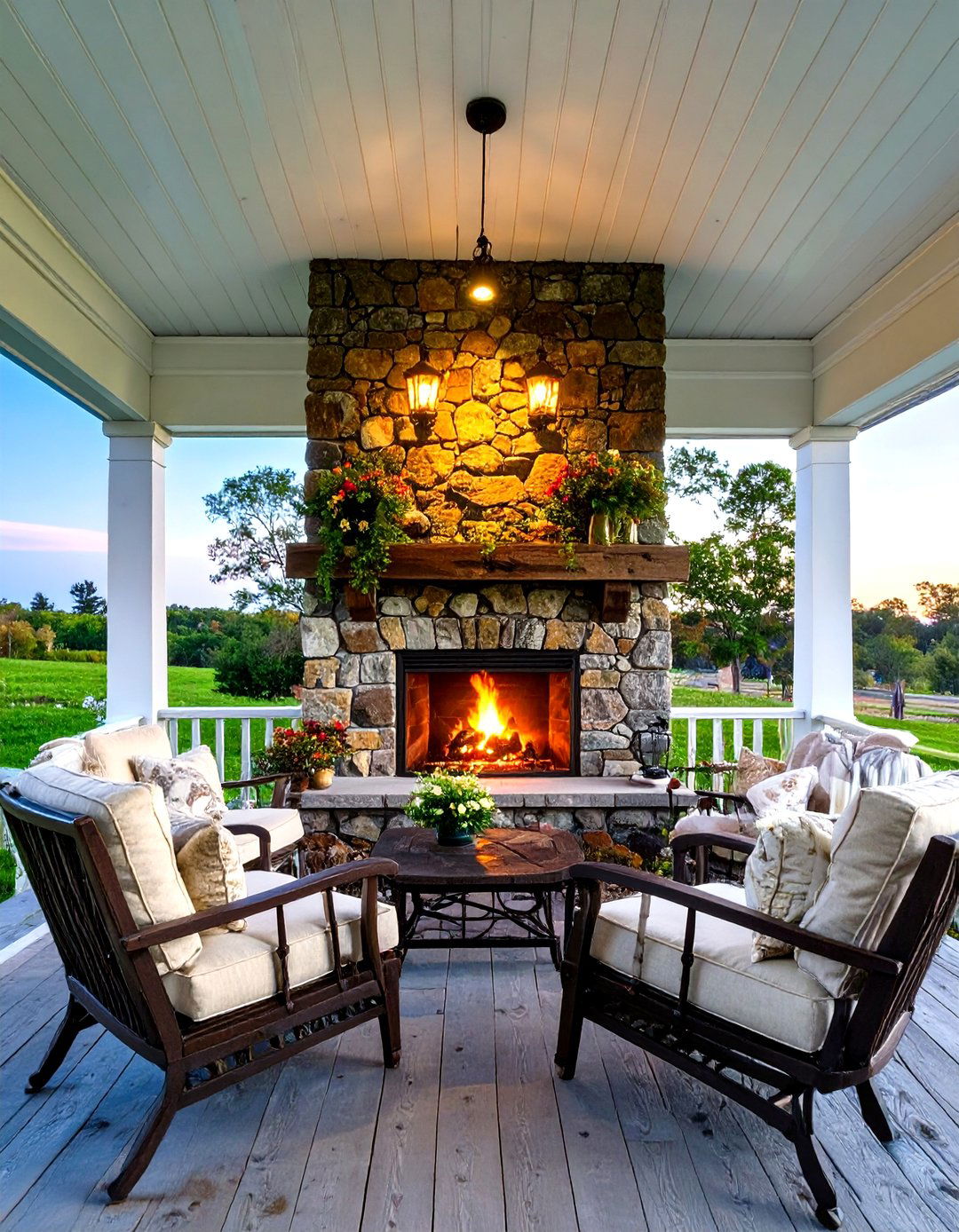 Screened In Front Porch with a Stone Fireplace - 30 screened in front porch ideas
