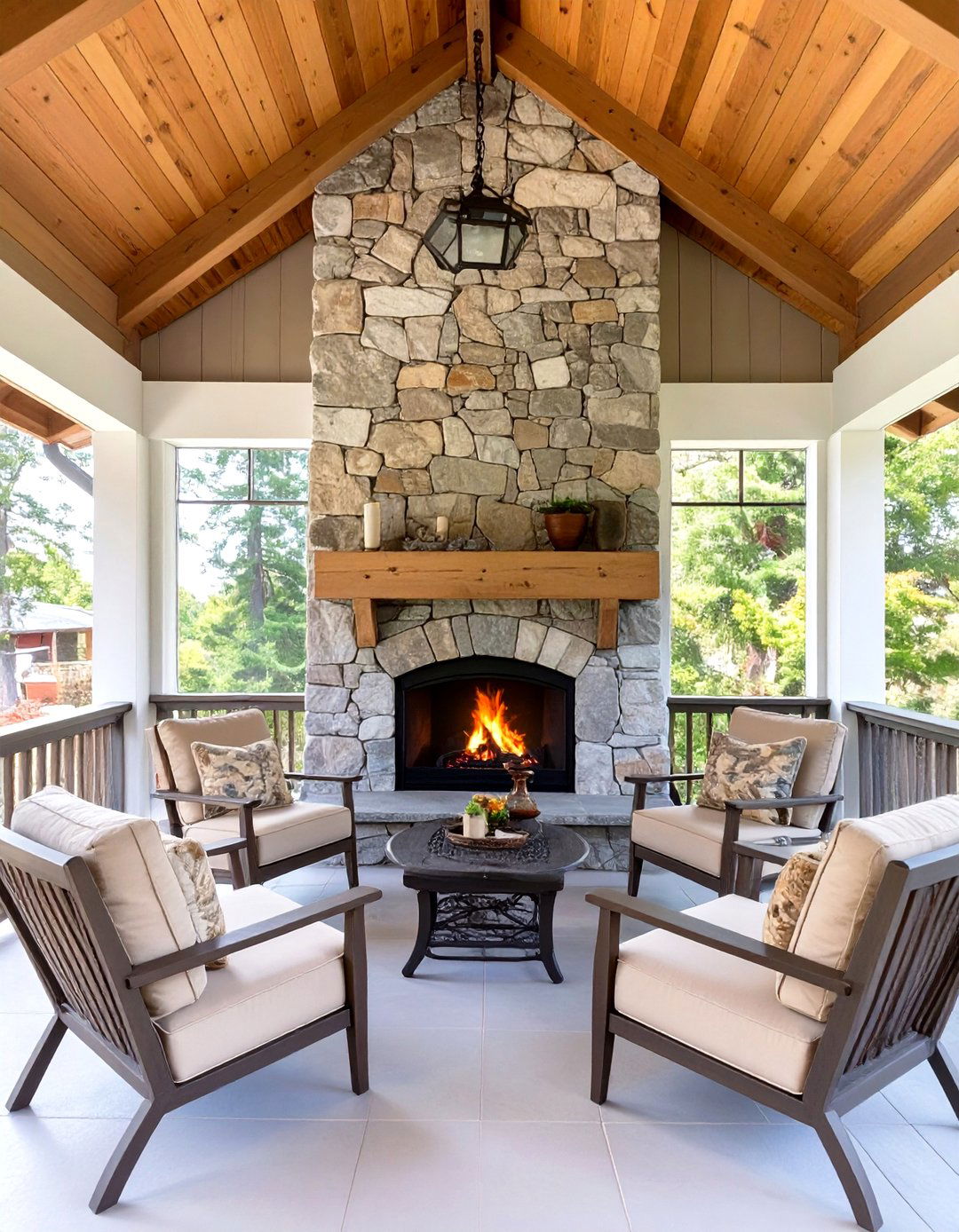 Screened In Porch with a Stone Fireplace - 30 screen in porch ideas