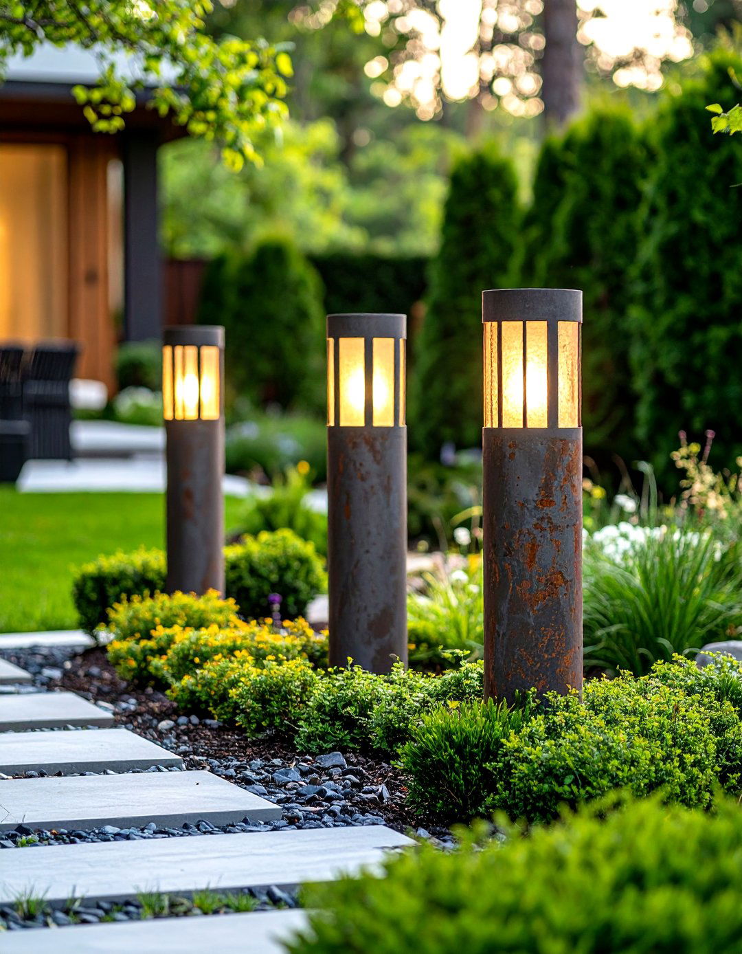 Sculptural Bollard Light Arrangement - 30 front yard lighting ideas