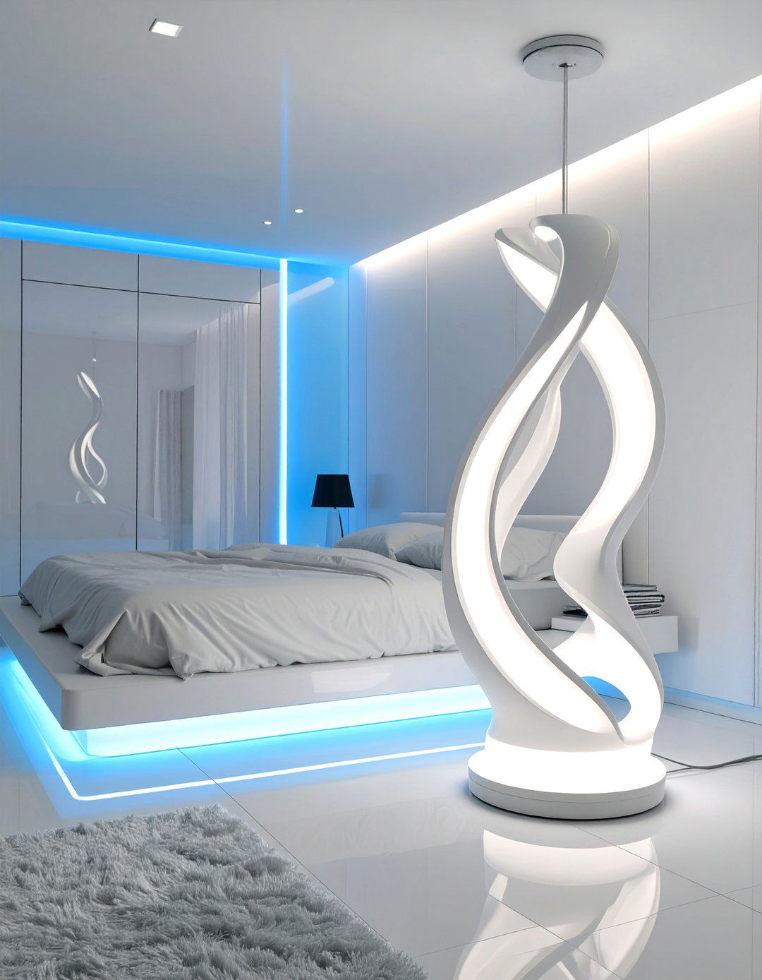Sculptural LED Floor Lamp in a Futuristic Bedroom - 30 floor lamps for bedroom ideas