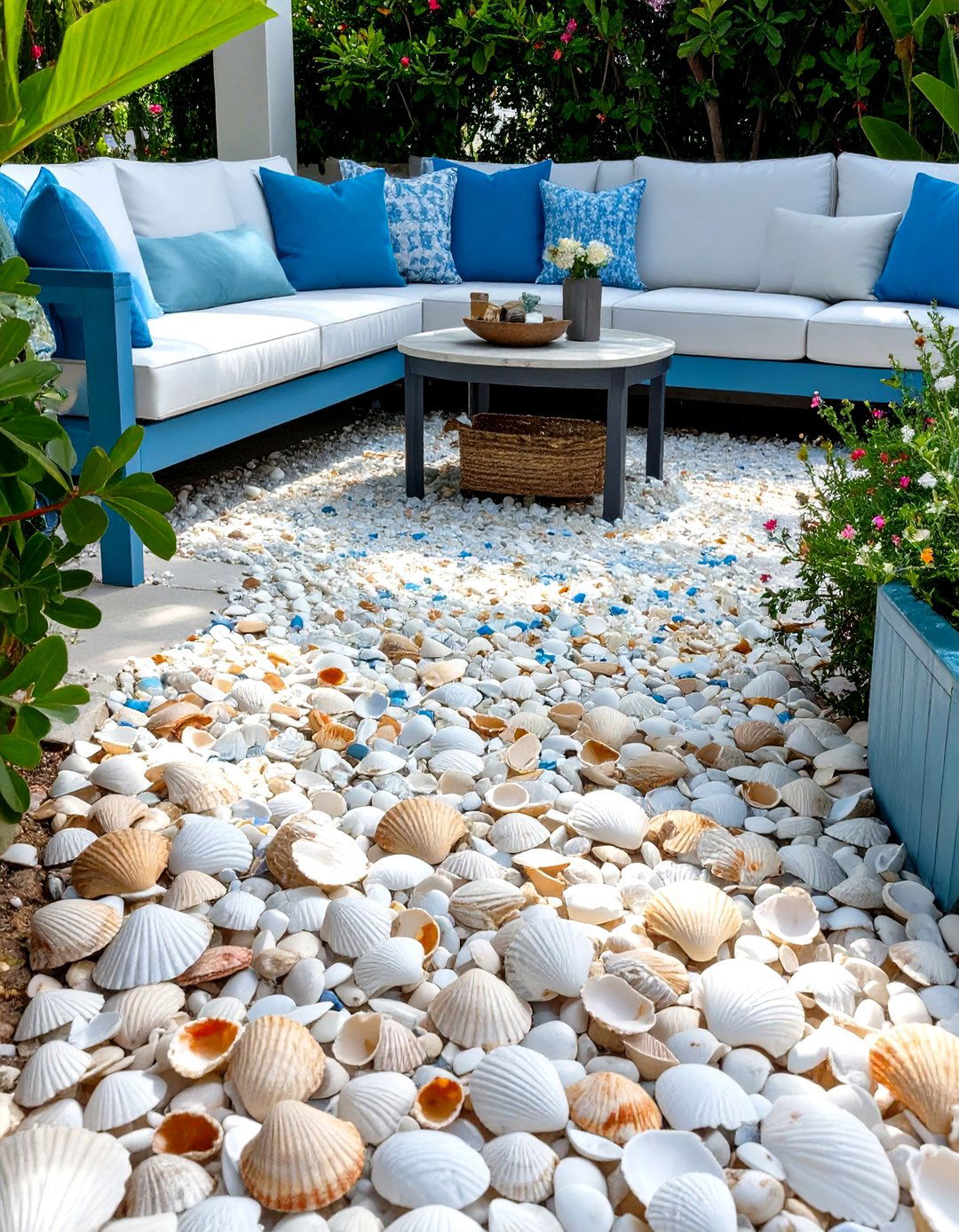 Seashell Covered Patio Floor - 30 cheap patio floor ideas