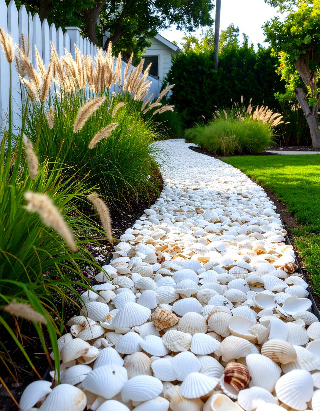 Seashell Lined Garden Path - 30 cheap creative garden edging ideas
