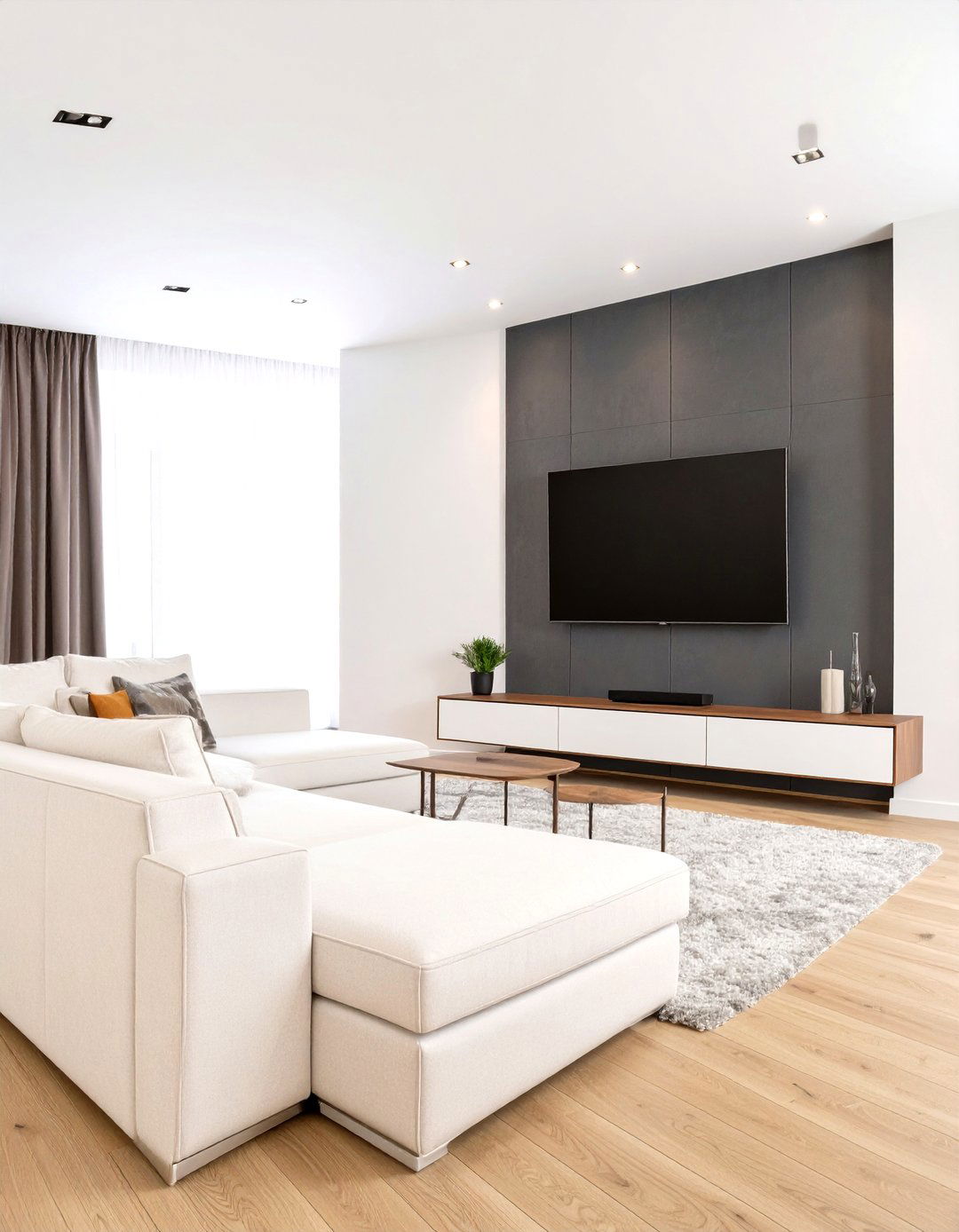 Sectional Opposite a Wall Mounted TV - 30 small living room sectional layout ideas