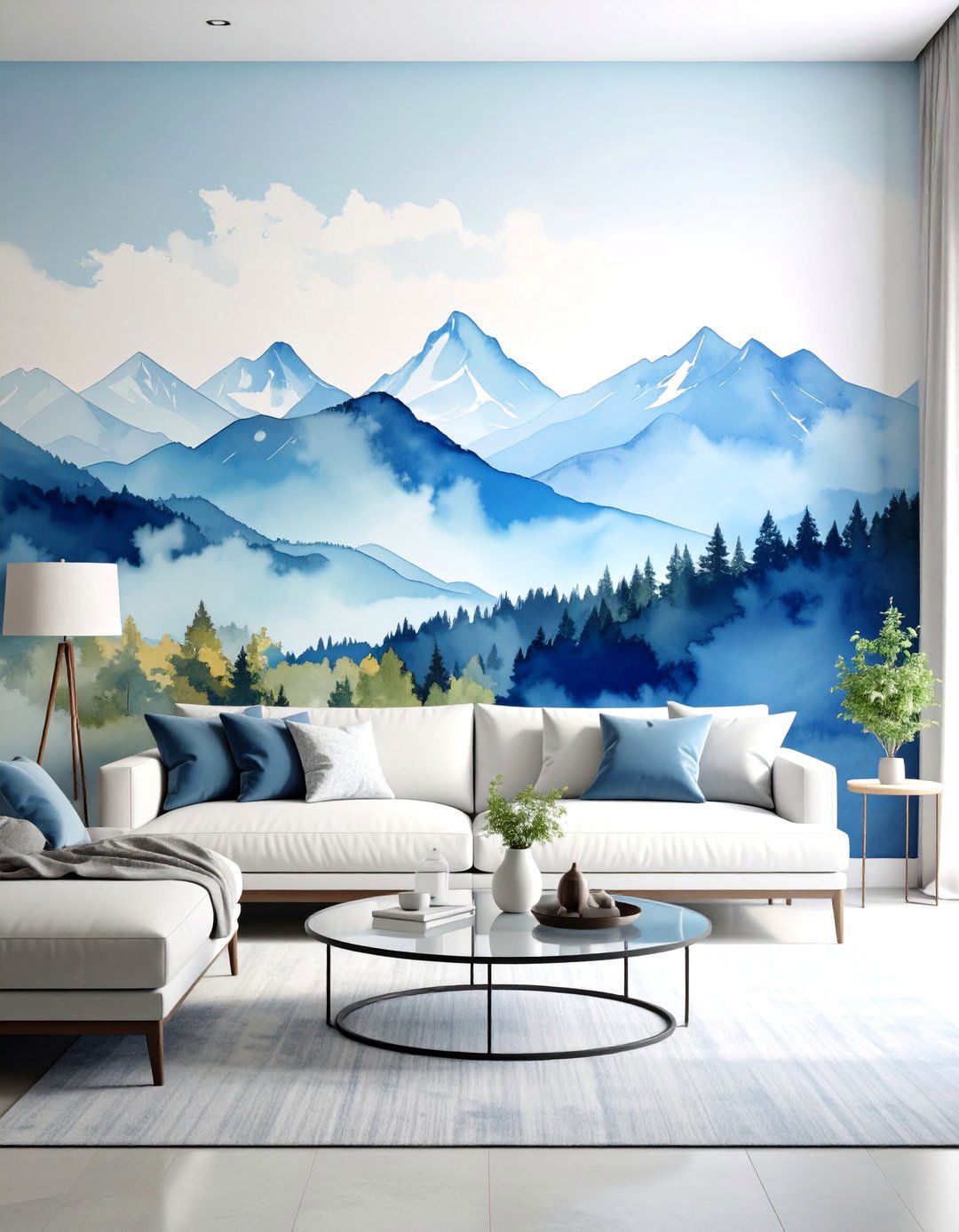 Serene Watercolor Mural Living Room - 30 living room wallpaper ideas