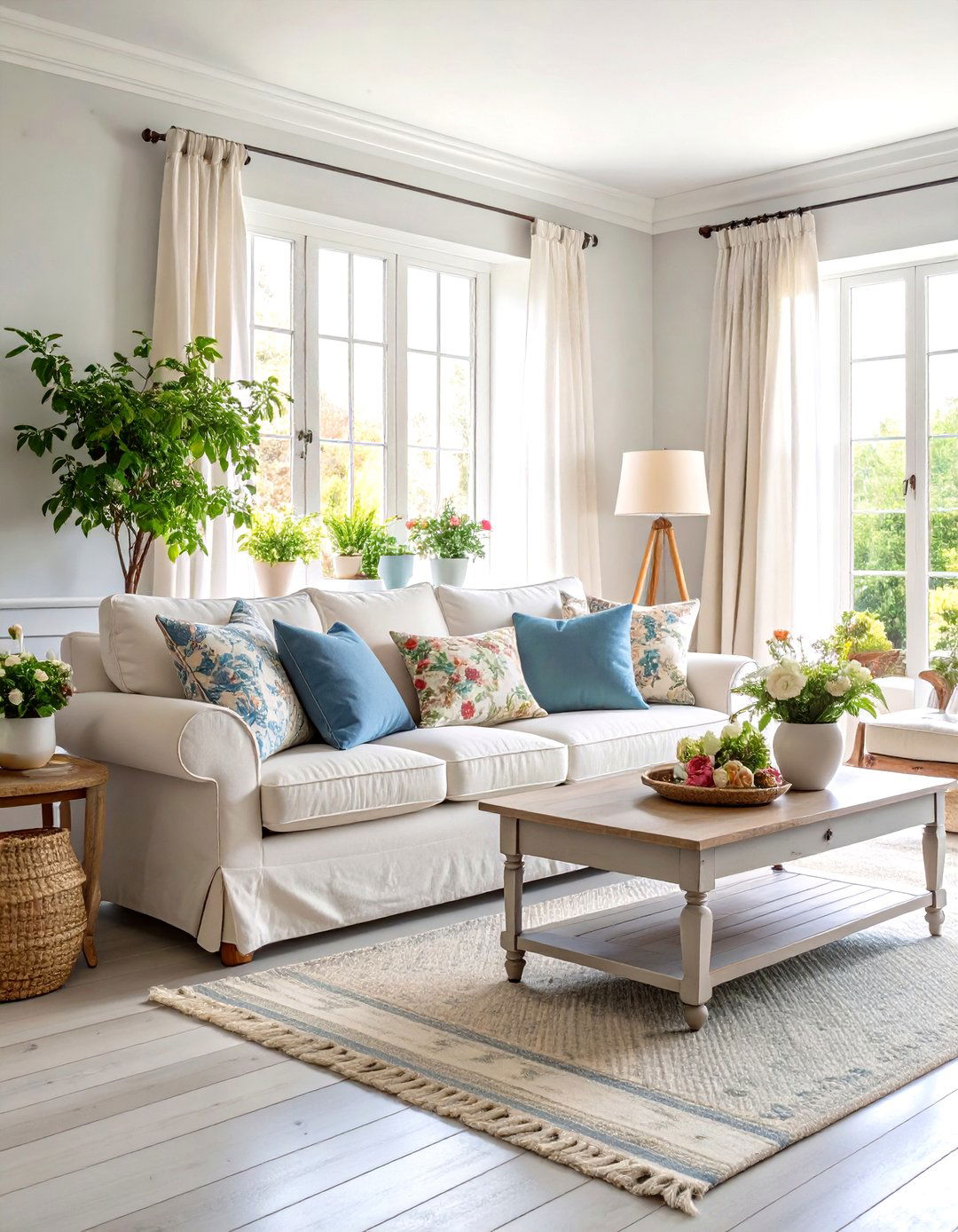 Shabby Chic Living Room with Whitewashed Grey Floors - 30 grey flooring living room ideas