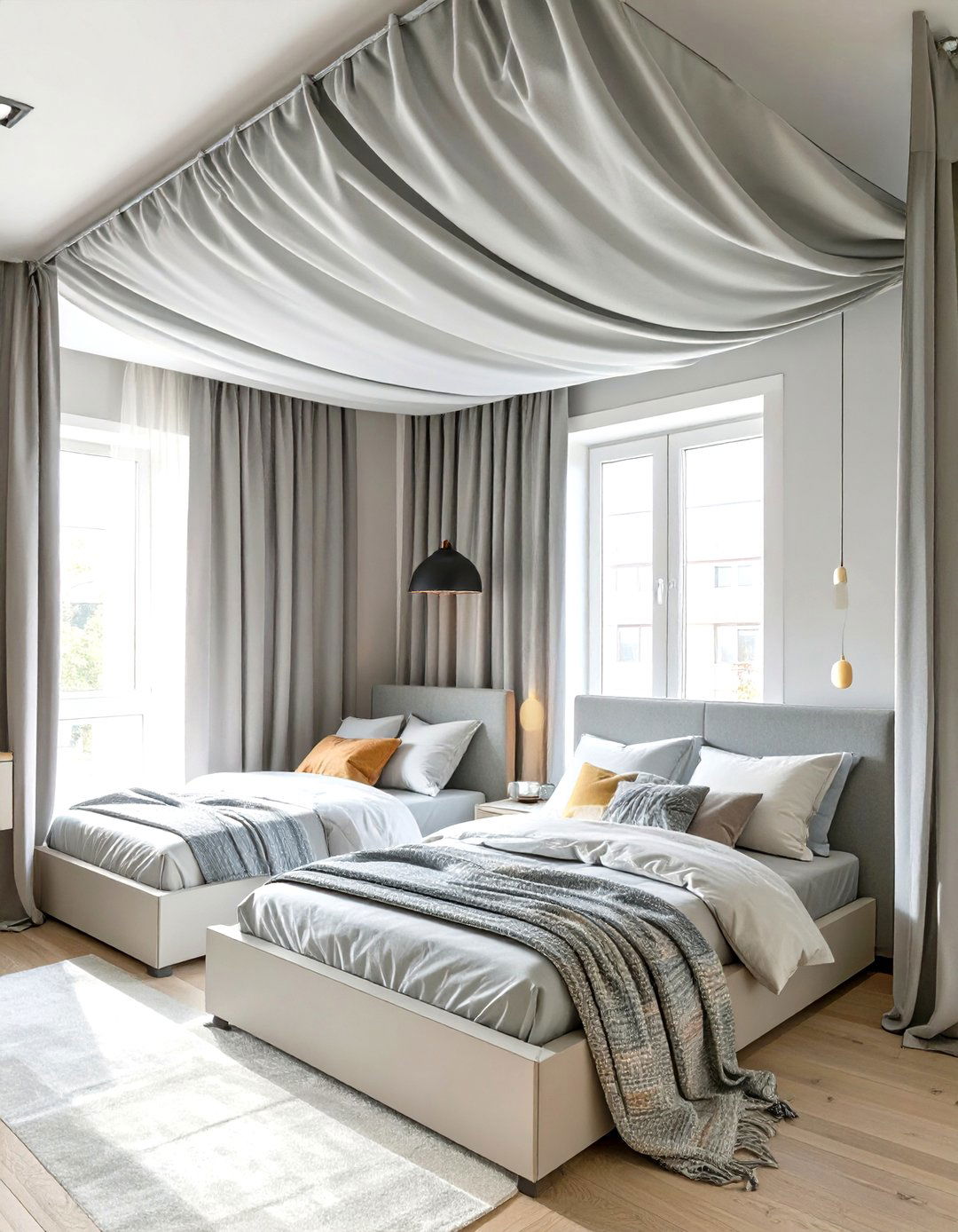 Shared Bedroom with a Room Divider Curtain - 30 shared bedroom ideas