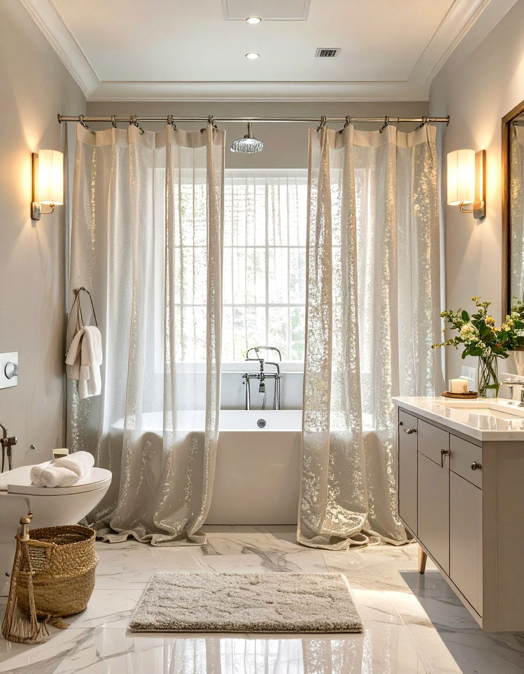 Sheer Fabric Overlay Shower Curtain - 30 elegant shower curtain ideas
